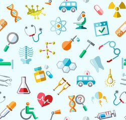Medicine, colored background, seamless, blue, vector. Colored icons of medical services, and tools on a blue field. Vector background. 