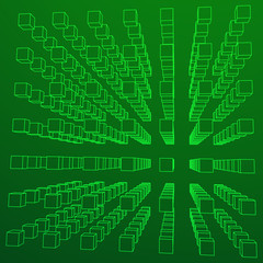 Wireframe Mesh Cube make with many small cubes. Connection Structure. Digital Data Visualization Concept. Vector Illustration.