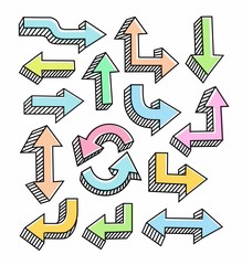 The colored arrows with a black outline, vector. Thick arrows with 3D effect. Black, thin outline is offset to the side. Flat, colored arrows on a white background. 