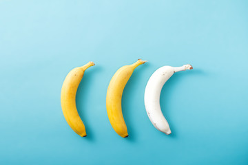 White and yellow bananas on pastel blue background. Minimal fashion, flatlay , top view. Albino Different Creativity Creative Thinking Ideas Concept