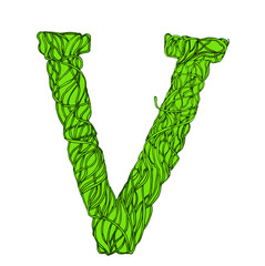 Root font, type. Green herbal vector letters. Letter V.