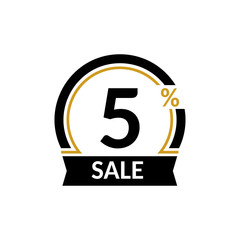 Discount card with 5 percent sale. Advertising Sale vector isolated sign. Promotion Stylish logo design under the black and gold arch.