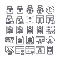 Set of Security and Protection Outline Icon design . All Icon designed on 64x64 Pixel perfect Icon. Good to use for website project , app , mobile and more. Editable Stroke.  