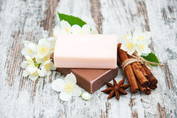 Handmade soap and jasmine flowers