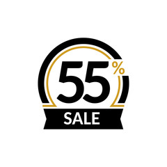 Discount card with 55 percent sale. Advertising Sale vector isolated sign. Promotion Stylish logo design under the black and gold arch.
