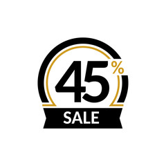 Discount card with 45 percent sale. Advertising Sale vector isolated sign. Promotion Stylish logo design under the black and gold arch.