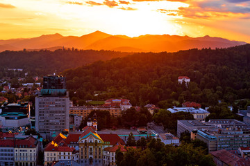 Sunset above Ljubljana aerial view