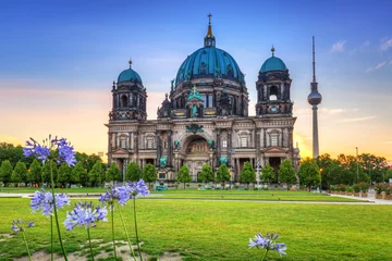 Photo sur Aluminium Berlin Cathédrale de Berlin (Berliner Dom) et tour de télévision au lever du soleil, Allemagne