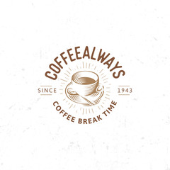 Vintage dark coffee emblem, flat retro illustration. Brown and beige colors sign. Stylized stamp of vector lettering drink. Breakfast cafe logo.