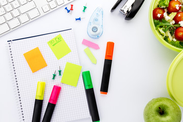 Top View Flat Lay of Business Concept. Office Accessories on white bright table. Above.