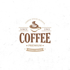 Vintage dark coffee emblem, flat retro illustration. Brown and beige colors sign. Stylized stamp of vector lettering drink. Breakfast cafe logo.
