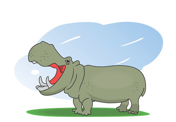 Illustration of a hippopotamus on a green field.