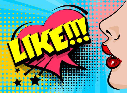 Cartoon vintage poster, colored white girl speaking. Speech bubble comic text Like vector font illustration. Sale advertise banner. Open sexy lips with lipstick. Wonder heart on pop art style face.