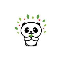 Cute Panda Eats leaves vector illustration, Baby Bear logo, new design line art, Chinese Teddy-bear Black color sign, simple image, picture with animal.