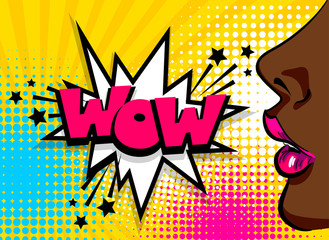 Open sexy lips lipstick. Wonder pop art style face. Cartoon vintage poster, colored black african american girl speaking. Speech bubble comic text WOW vector font illustration. Sale advertise banner.