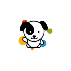 Cute Dog with colorful balls welcomes waving his hand vector illustration, Baby Puppy logo, new design art, Pet Black color sign, simple image, picture with animal