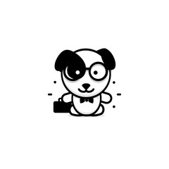 Cute Dog businessman vector illustration, Baby Puppy logo, new design art, Pet Black color sign, simple image, picture with animal and bag and glasses.