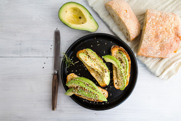 Sandwich with avocado and ciabatta. Top view. Healthy vegetarian eating.