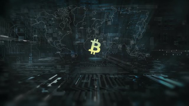 Abstract animation of bitcoin currency sign in digital cyberspace world map plane