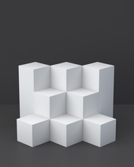White cube boxes with dark blank wall background for display. 3D rendering.
