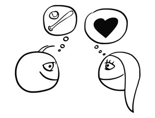 Vector Cartoon of Man and Woman Thinking about Baseball Softball and Love Heart