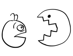 Obraz premium Vector Cartoon of Man Unpleasantly Surprised by Toothy Beast Monster