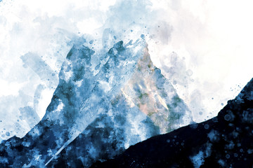 Mountain peak in winter paining in blue tone on white background,  digital watercolor painting