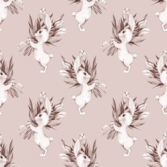 Seamless pattern with cartoon white rabbits and flowers. Watercolor illustration 5