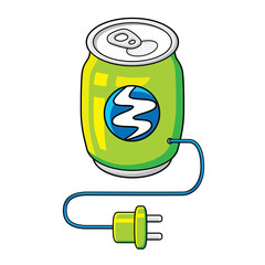 Fototapeta premium Green energy drink can with AC power charging plug isolated. Power filling concept.