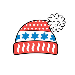Red winter knitted hat icon isolated.