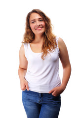 Smiling brunette girl in white shirt isolated on white