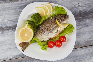 Fresh raw Dorado fish with rosemary, garlic, tomatoes, pepper and lemon on a gray board. Selective focus.