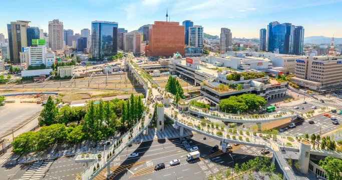 Aerial shot of road 7017 and architecture in Seoul Station, Seoul City South Korea 