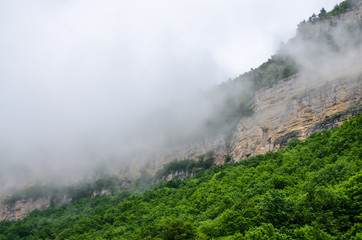 Haze fog over the rocks. Cloud over the mountainin Caucasus. Green leaf forest. Mezmay and Guamka