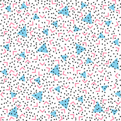 Abstract pattern blue background with blue triangles, pink angles and black points.