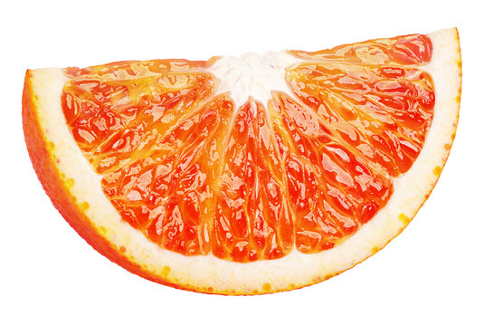 Ripe wedge of blood red orange citrus fruit isolated on white background. Sanguinello blood orange slice with clipping path
