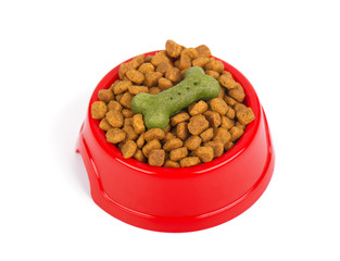 Red pet feeder. Bowl filled with dried food. Kibble on isolated white background