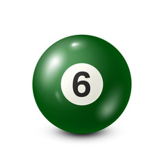 Billiard,green pool ball with number 6.Snooker. White background.Vector illustration.