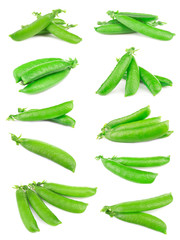 Fresh green pea pods on white background