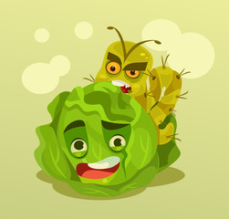 Caterpillar character eating cabbage. Vector flat cartoon illustration