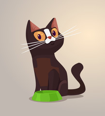 Happy smiling cat character sits near bowl. Vector flat cartoon illustration