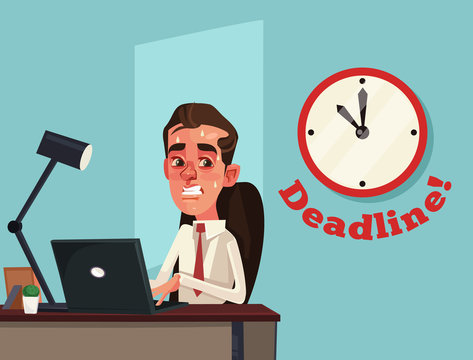 Unhappy busy sad office worker businessman character. Deadline. Vector flat cartoon illustration