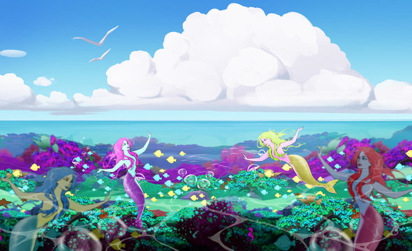 beautifull illustration of a seascape with blue water and mermaids in it