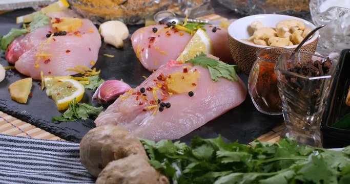 Dolly push in view of ingredients and indian spices for chicken tikka masala