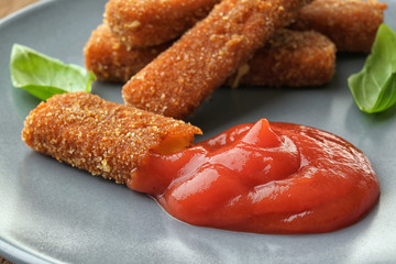 Plate with cheese sticks and tomato sauce, closeup