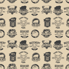 farm fresh pork meat labels pattern. Design element for poster, wrapping paper. Vector illustration