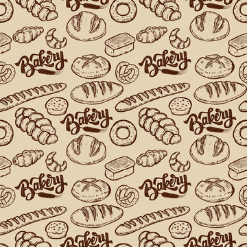 Bakery. Seamless pattern with bread, bun, bagel, croissant. Design element for poster, wrapping paper. Vector illustration