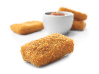 Cheese sticks and ketchup sauce on white background