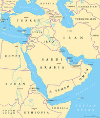 Obraz premium Middle East political map with capitals and national borders. Transcontinental region centered on Western Asia and Egypt. Also Middle-Eastern, Near or Far East. Illustration. English labeling. Vector.