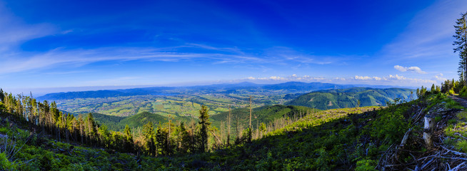 Plakat Mountain summer panorama landscape. Beskidy mountain in southern Poland. View at Żywiec, Żywieckie Lake and Babia Góra.
